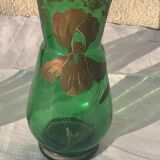 Paire de vases aux iris dore verre transparent vert et iris peint a la main art nouveau, collector