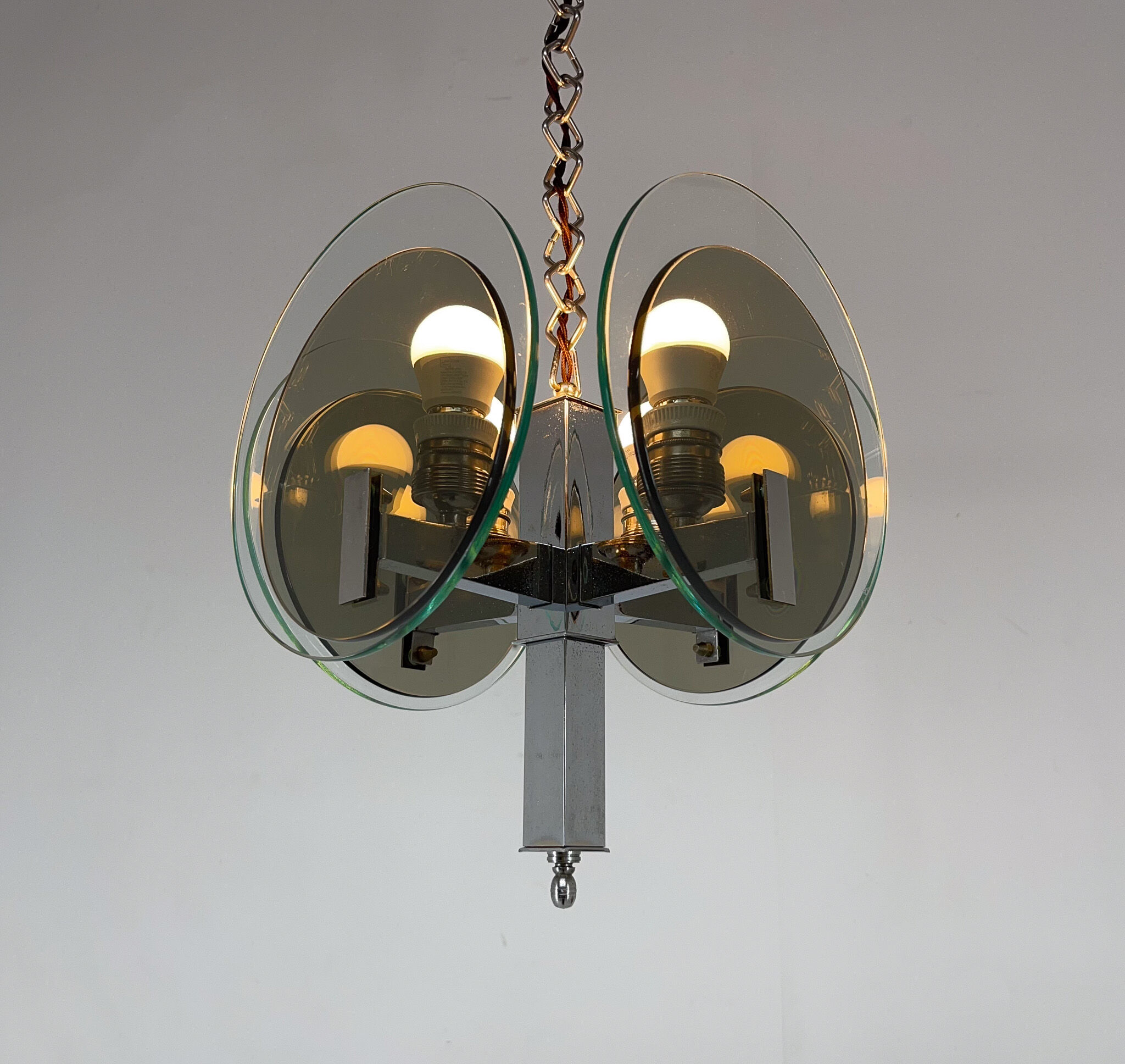 Unique art deco chrome & glass chandelier, 1920's