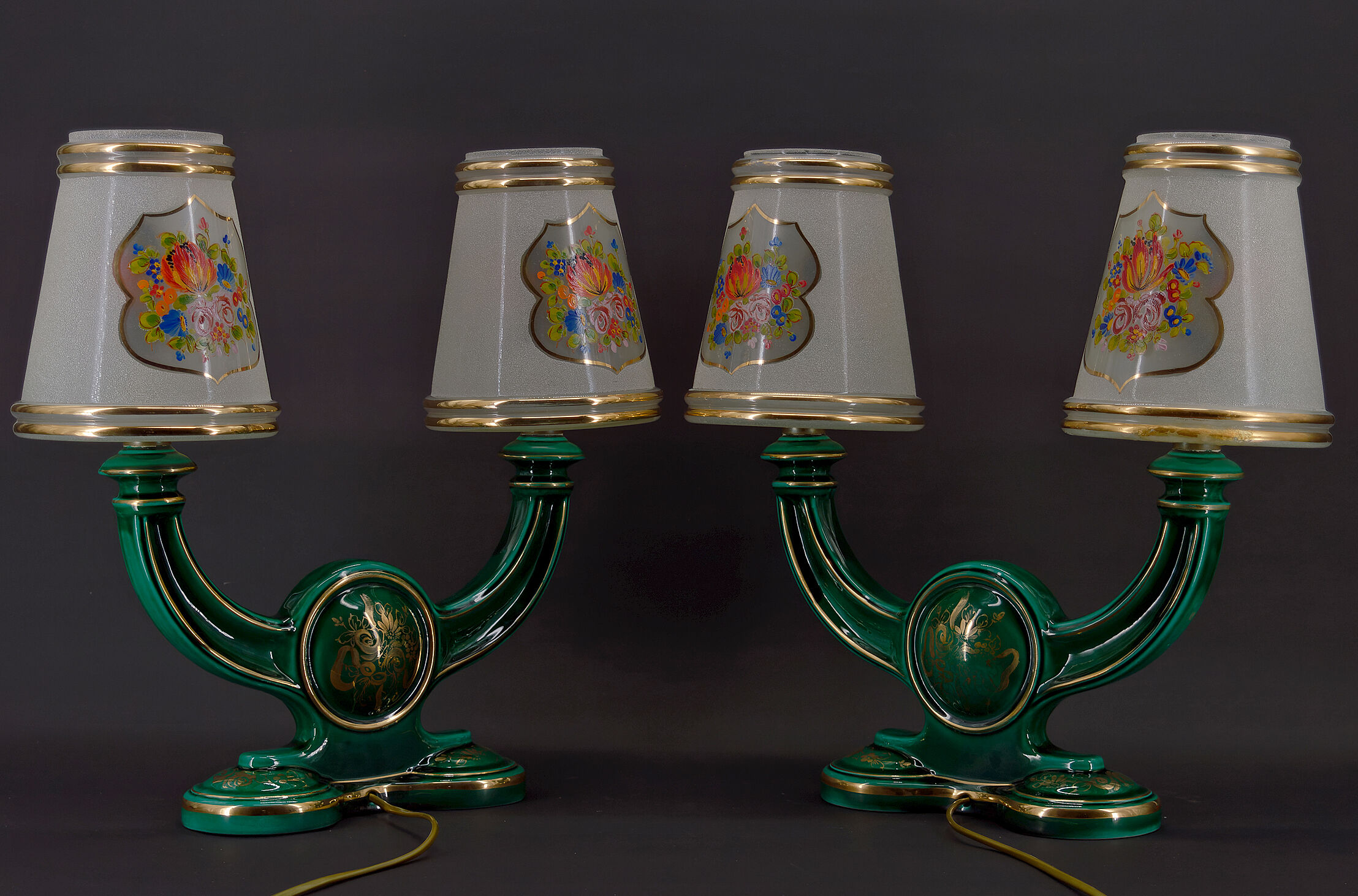 Pair of lamps in green and gold earthenware, circa 1940