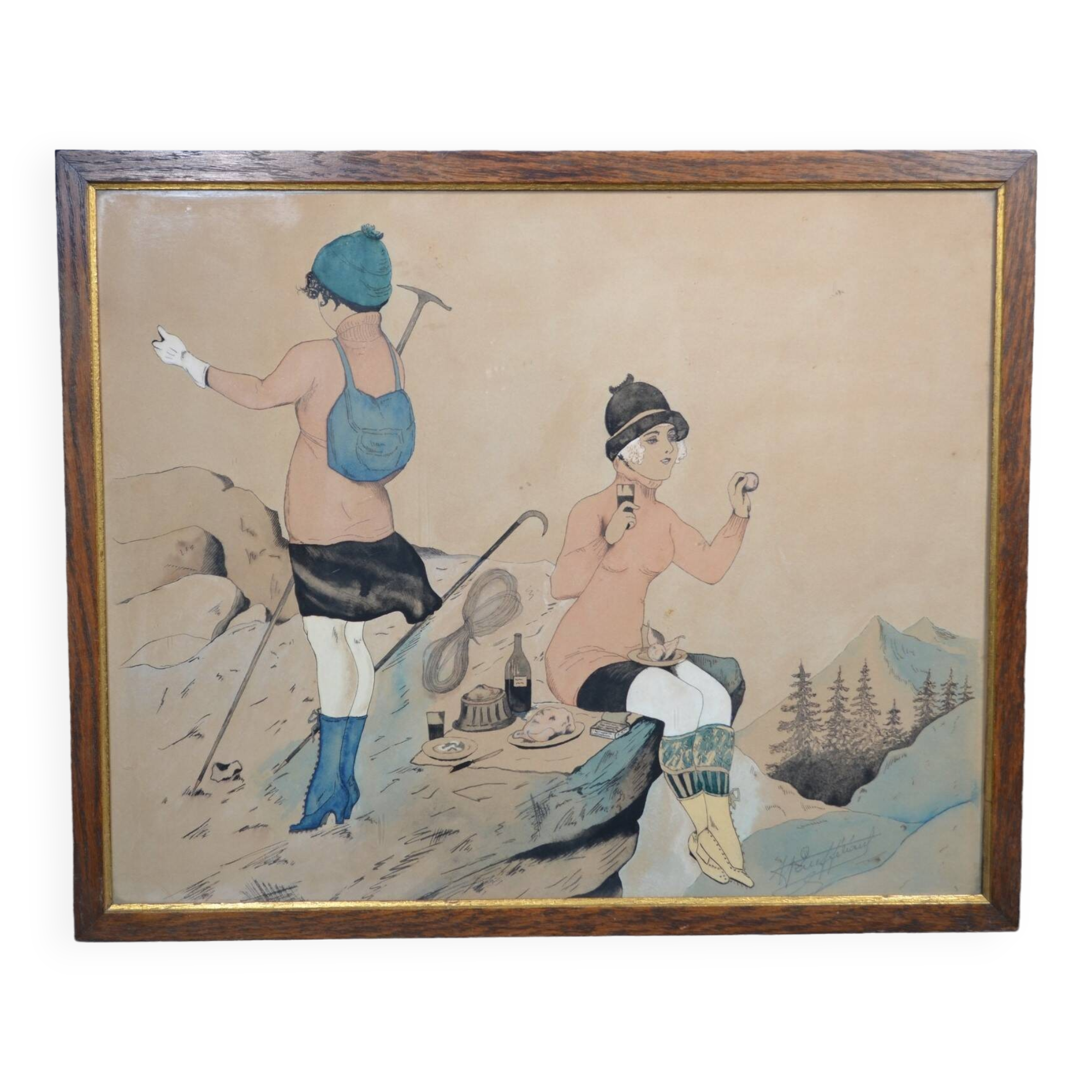 French School of the 20th Century "The Mountaineers' Picnic" Ink and watercolor drawing signed
