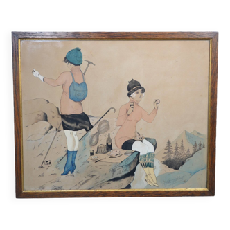 French School of the 20th Century "The Mountaineers' Picnic" Ink and watercolor drawing signed
