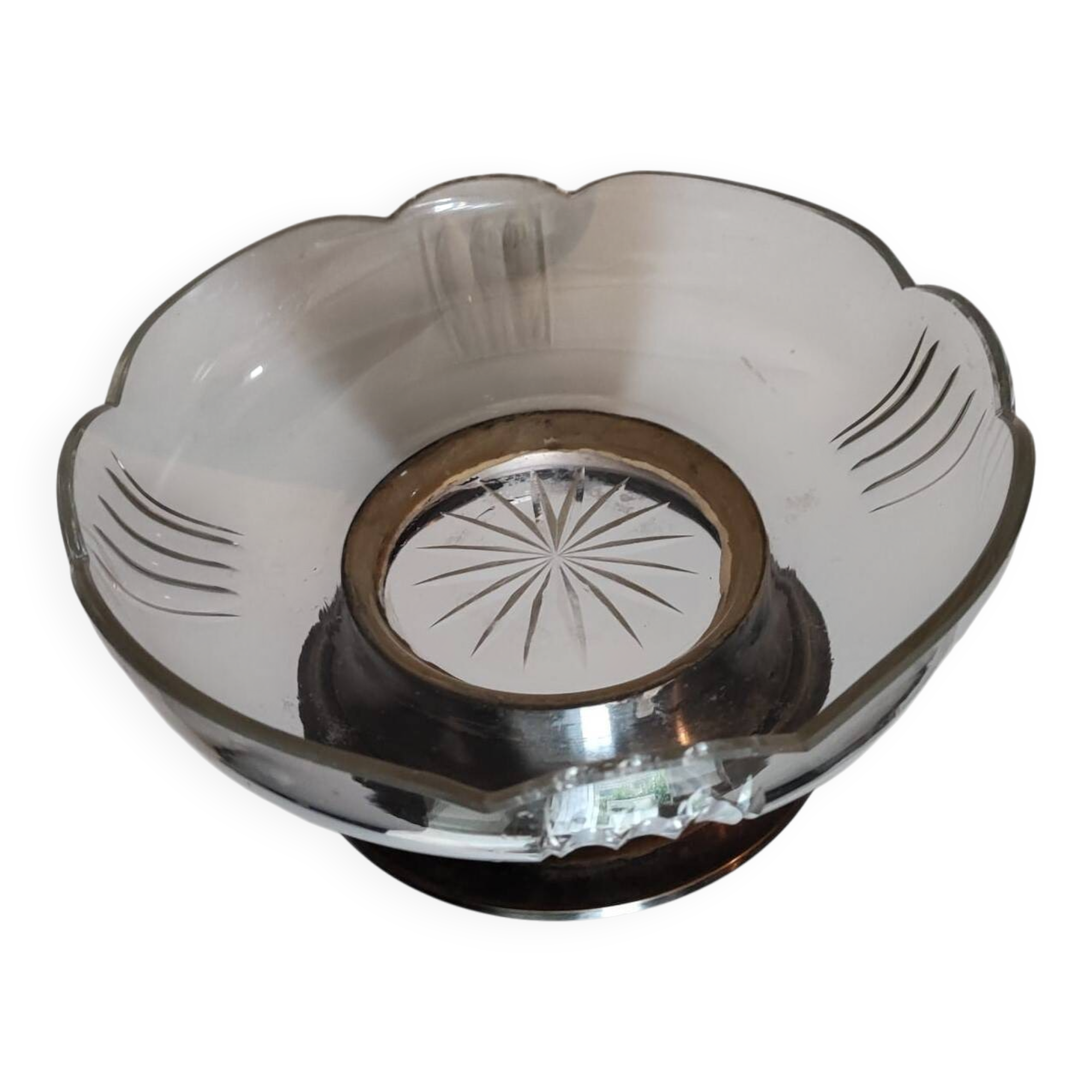 Compotier ancien en verre taillé sur pied – fin XIXe / début XXe