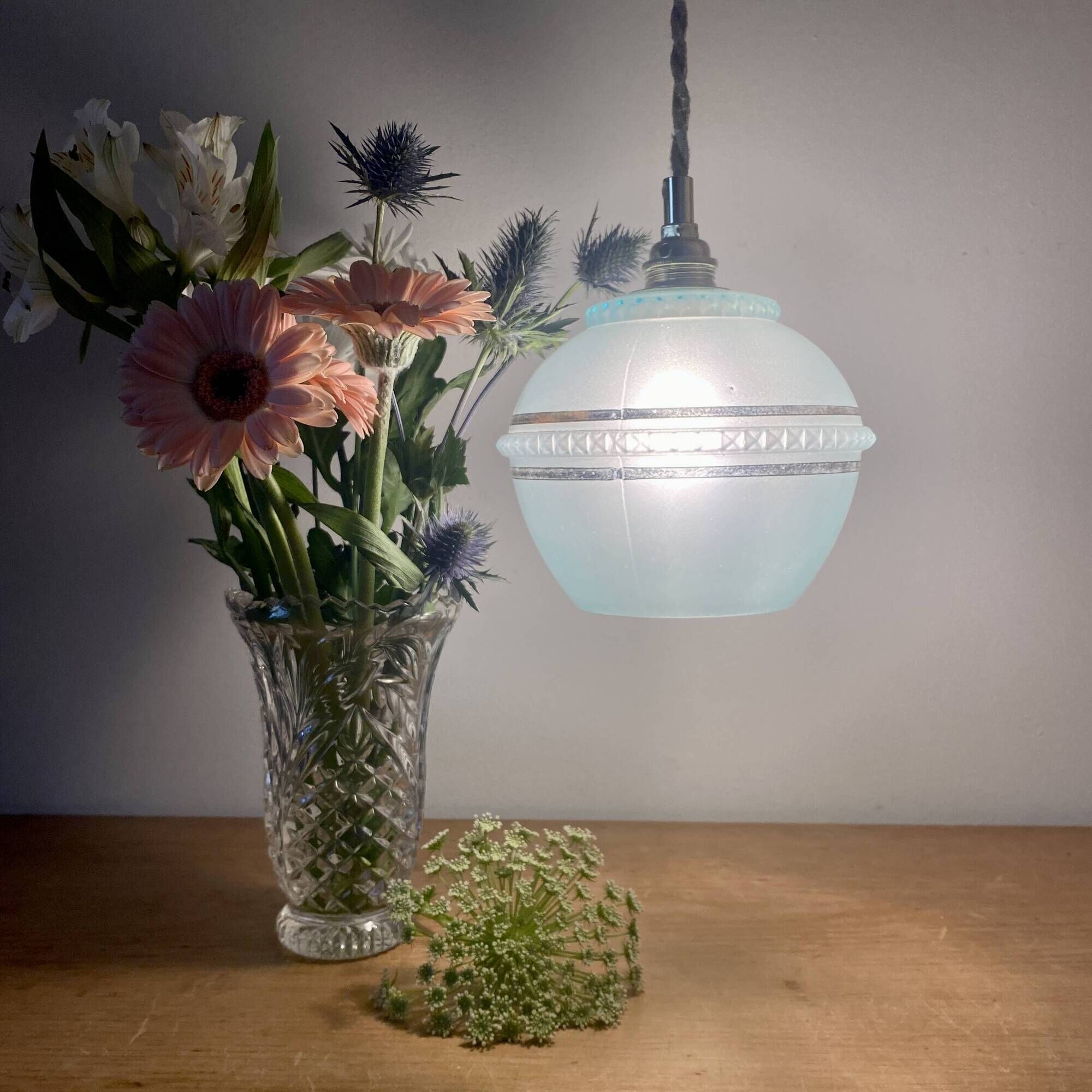 Vintage art deco tulip pendant light in blue and gold glass