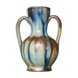 Vase with two handles in flamed sandstone with art nouveau-style drippings