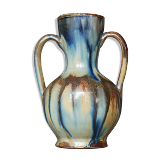 Vase à deux anses en grès flammé à coulures style art nouveau
