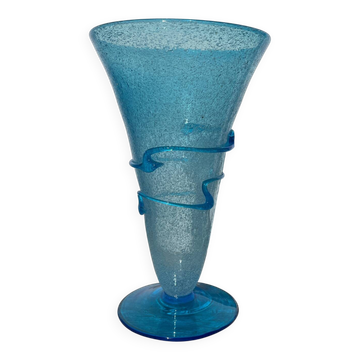 Conical vase in turquoise blue bubbled glass