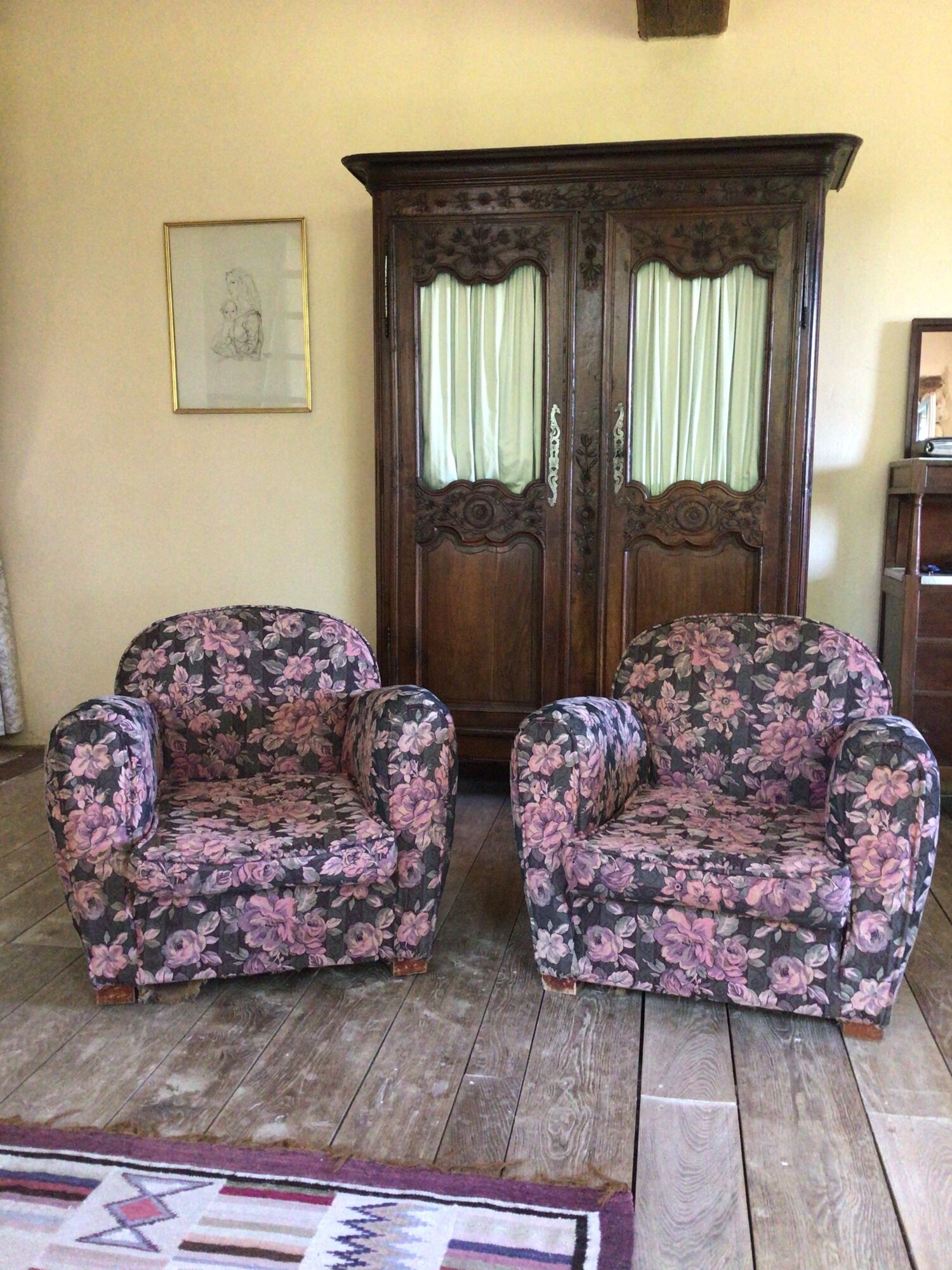 Pair of armchair club tapestry art deco