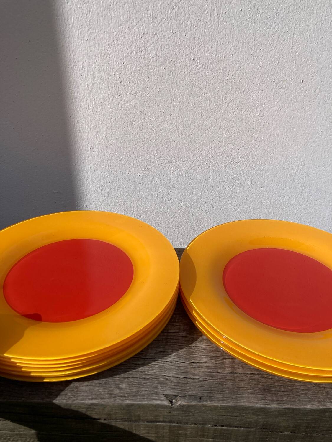 10 yellow and orange glass dinner plates