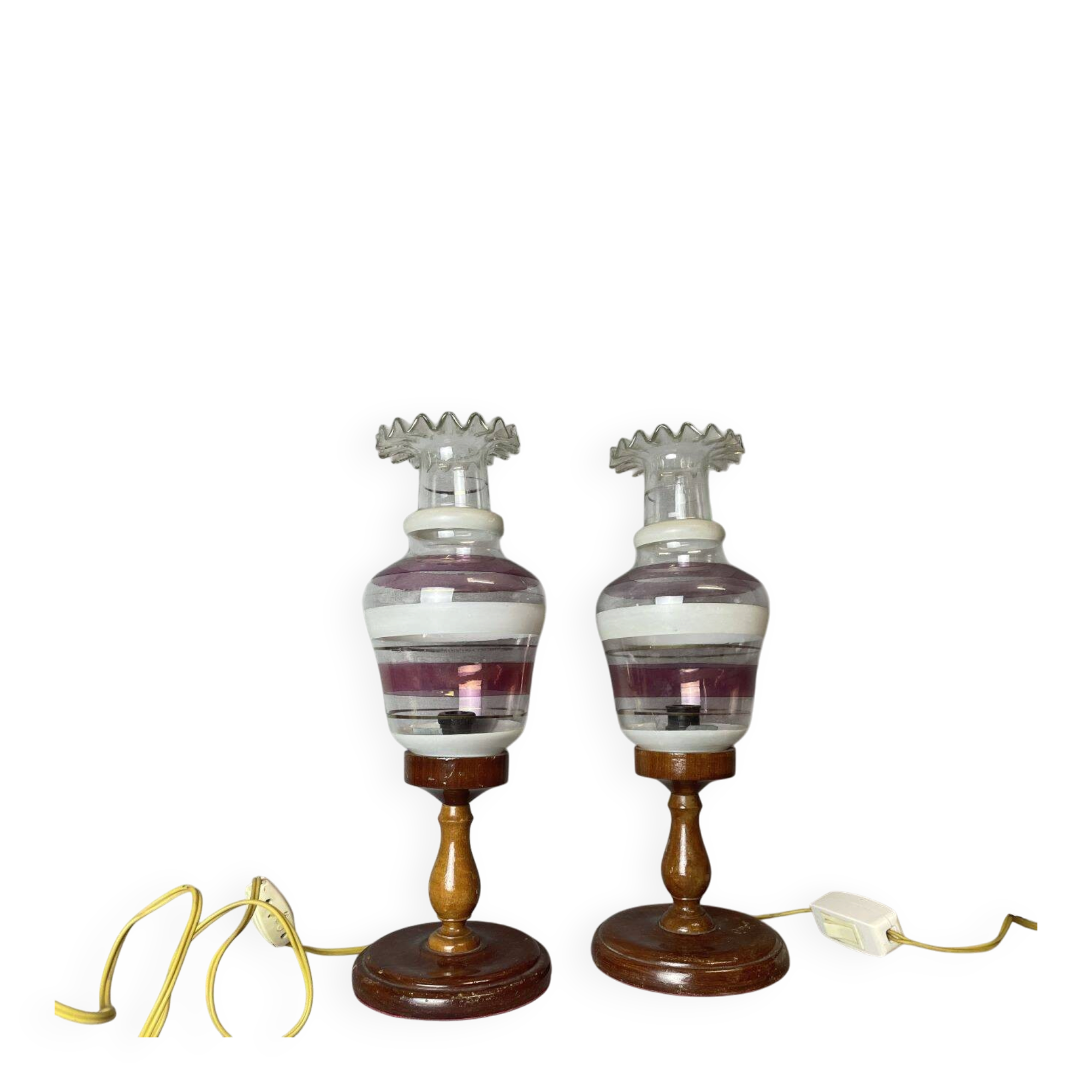 Portuguese Farmhouse rustic wooden table lamps with torch glass shades, 1970s, Set of 2