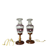 Portuguese Farmhouse rustic wooden table lamps with torch glass shades, 1970s, Set of 2