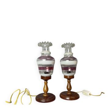 Lampes de table en bois rustiques de ferme portugaises avec abat-jours en verre torche, années 1970, ensemble de 2