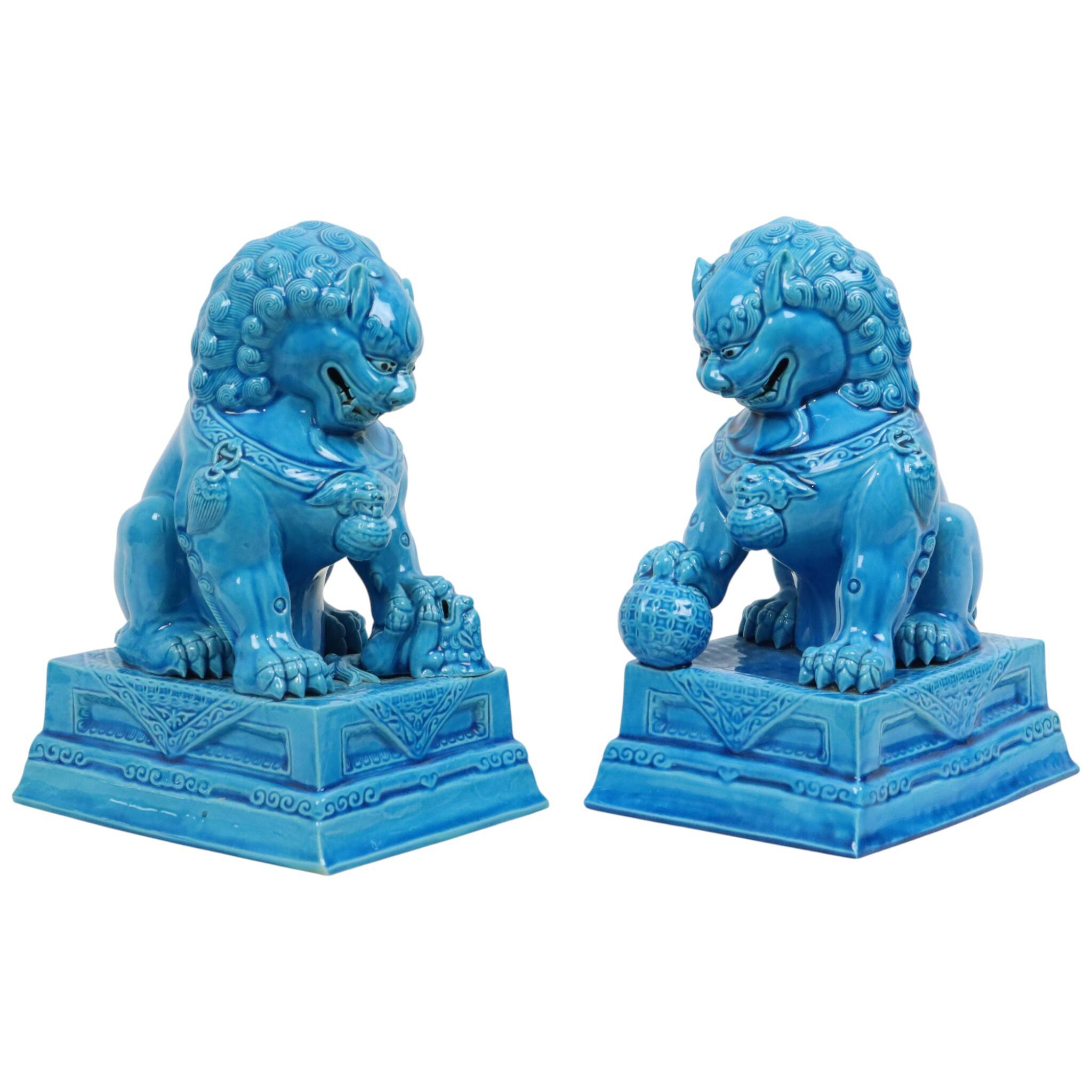 Large Temple Lion Statues Foo Dogs Blue Porcelain 25cm