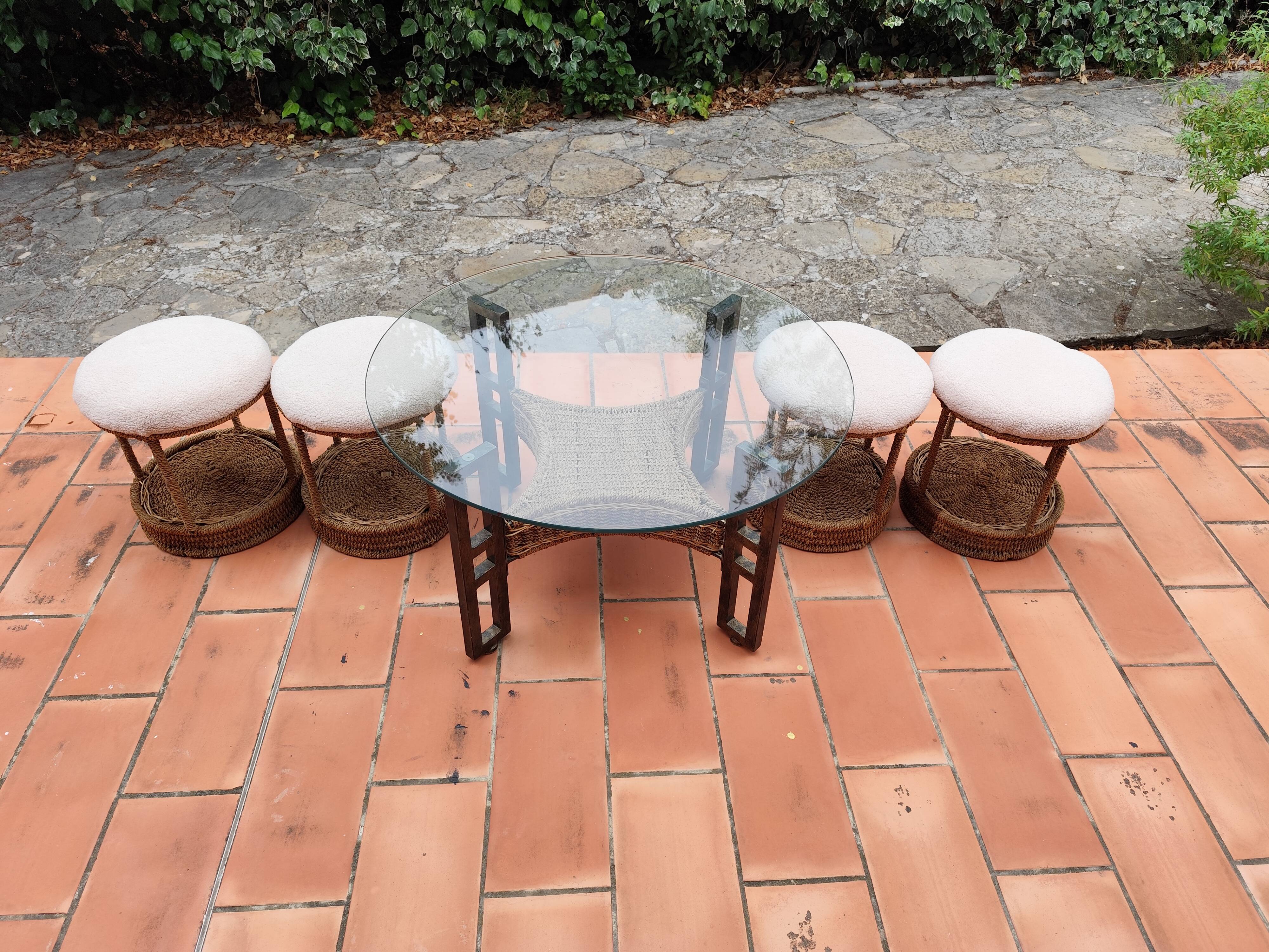 Vintage 1970s rope & rattan coffee table and 4 stools