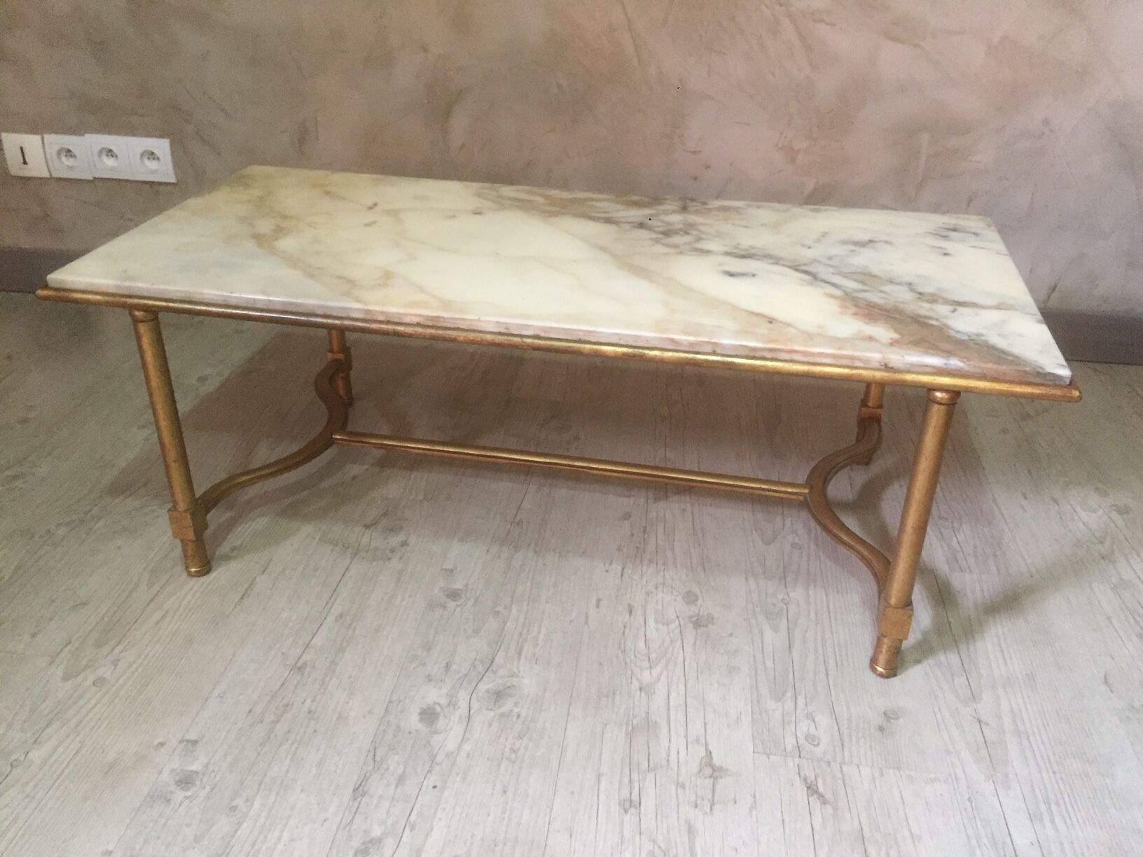 Marble and golden patina iron coffee table