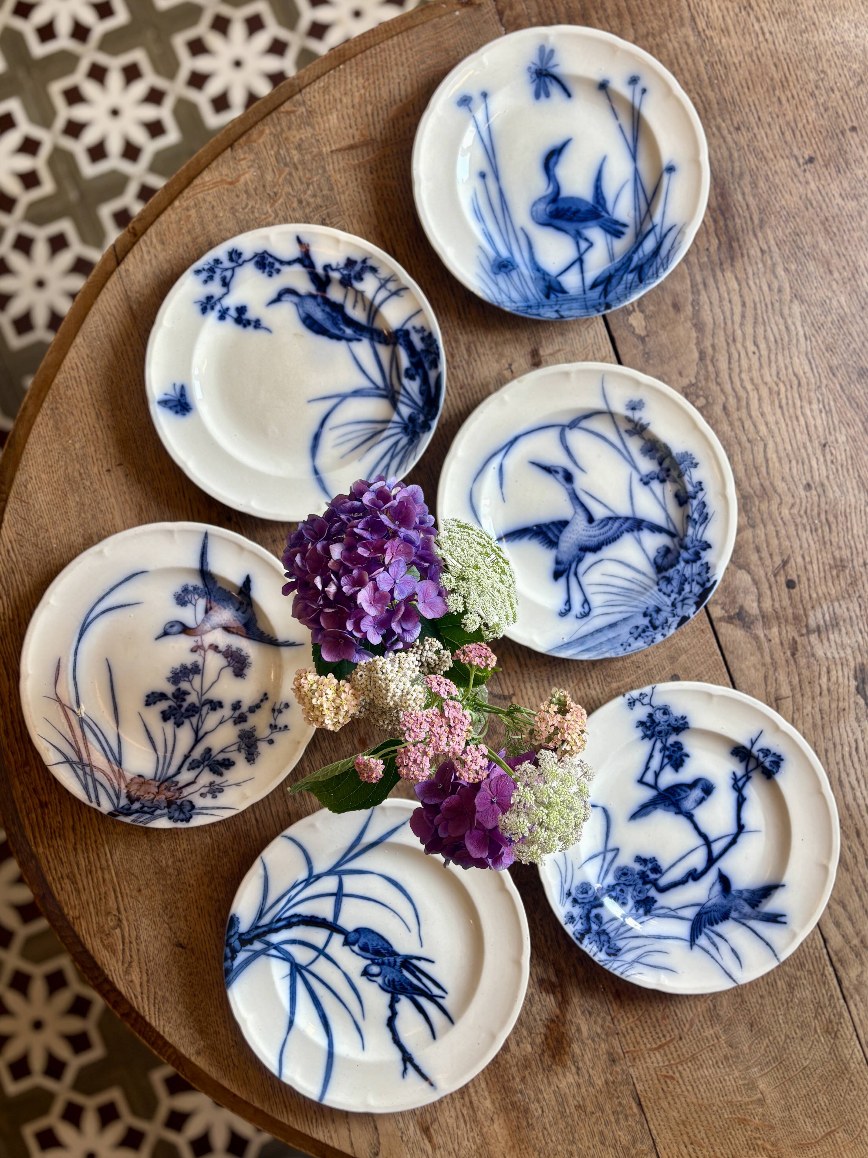 Set of 6 flat ironstone plates - Japanese Model 2 from Longwy