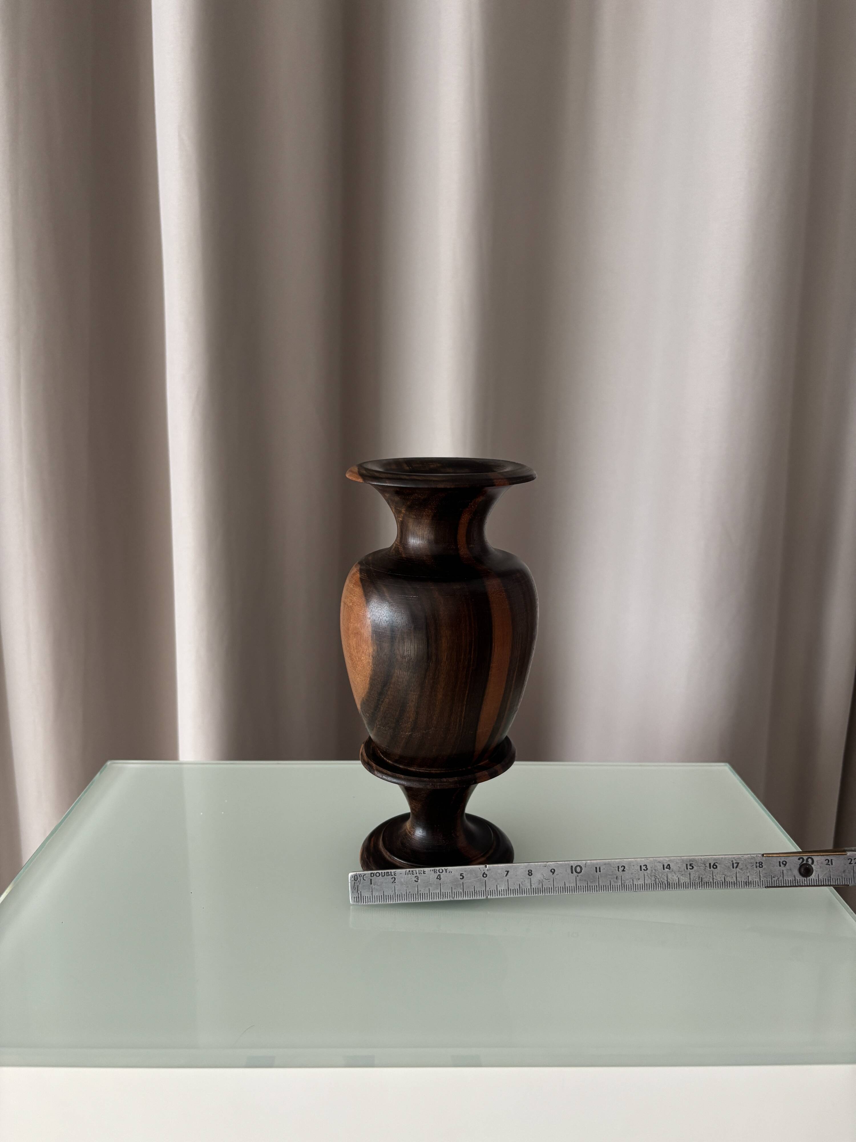 Vintage Sculptural Turned Wood Vase – Dark Hardwood – 20 cm