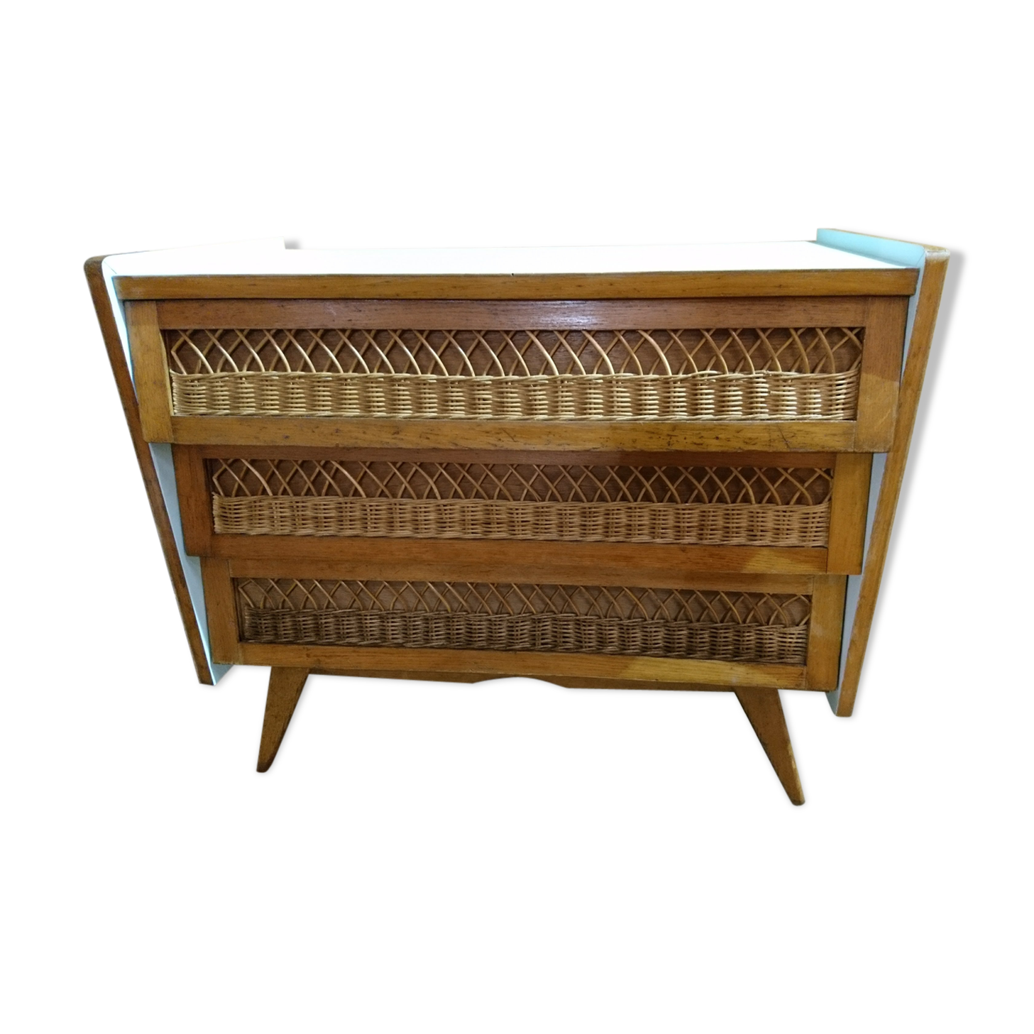 Vintage 70s wood and rattan commode