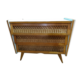 Vintage 70s wood and rattan commode