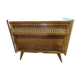 Commode en bois et rotin vintage années 1970