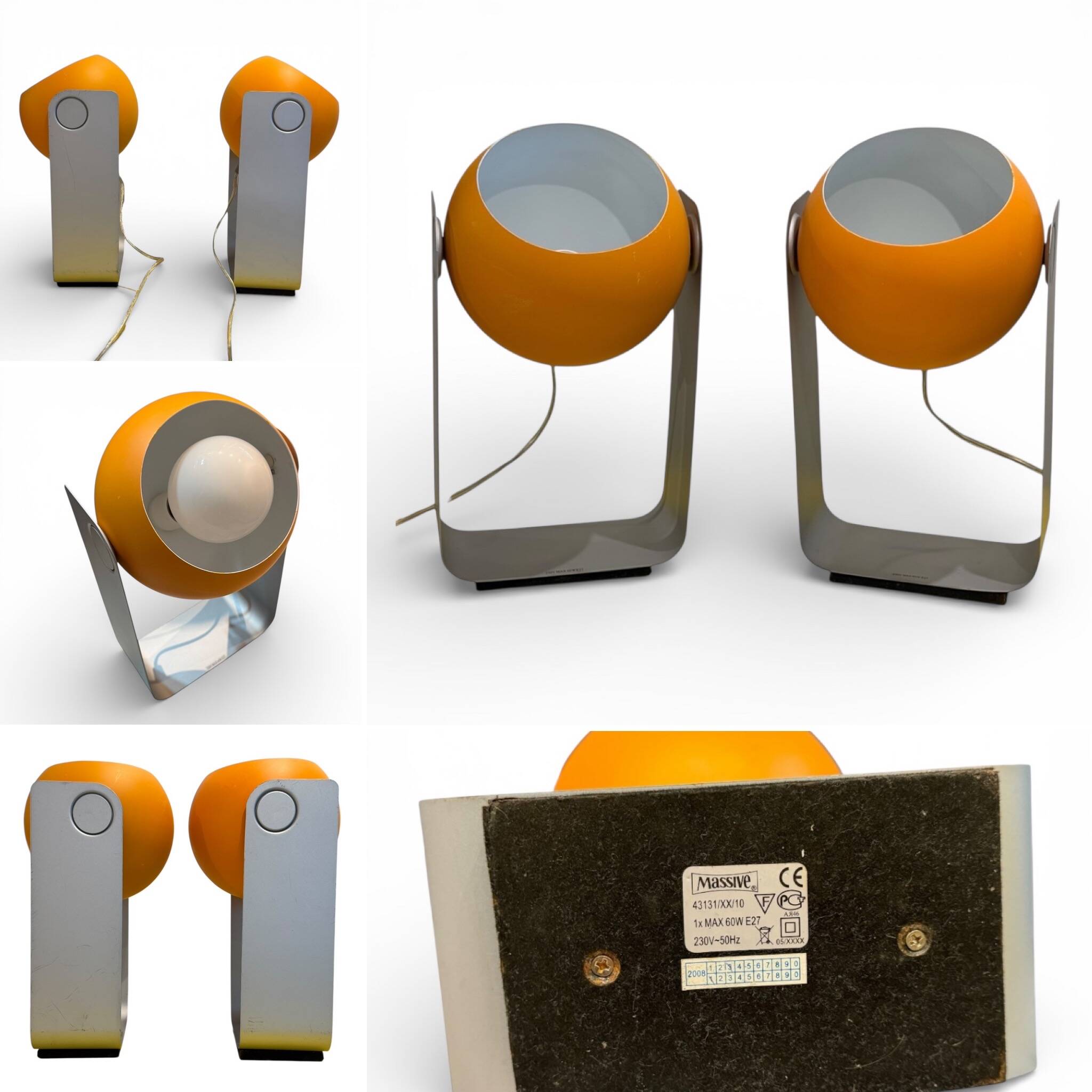 Pair of Space Age eyeball orange lamps by Massive Belgium