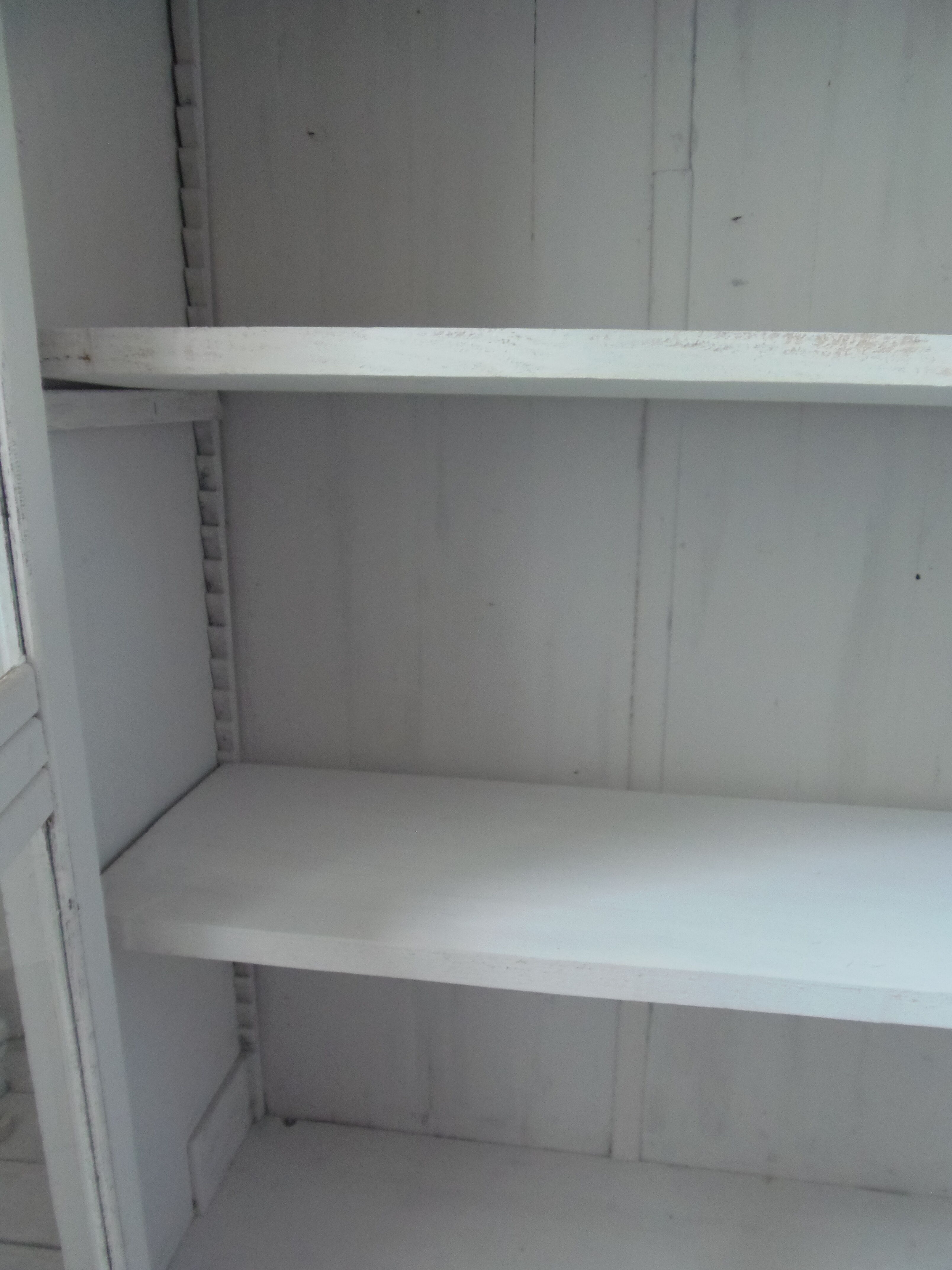 Showcase, bookcase, vintage pearl grey patinated cupboard, wooden top.