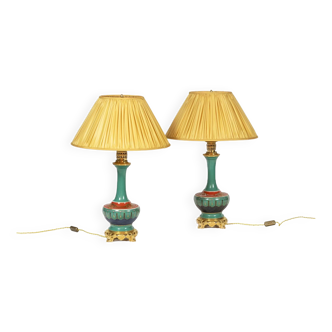 Pair of Paris porcelain and gilt bronze lamps. Circa 1850.