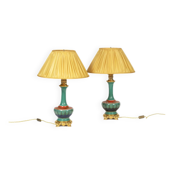Pair of Paris porcelain and gilt bronze lamps. Circa 1850.
