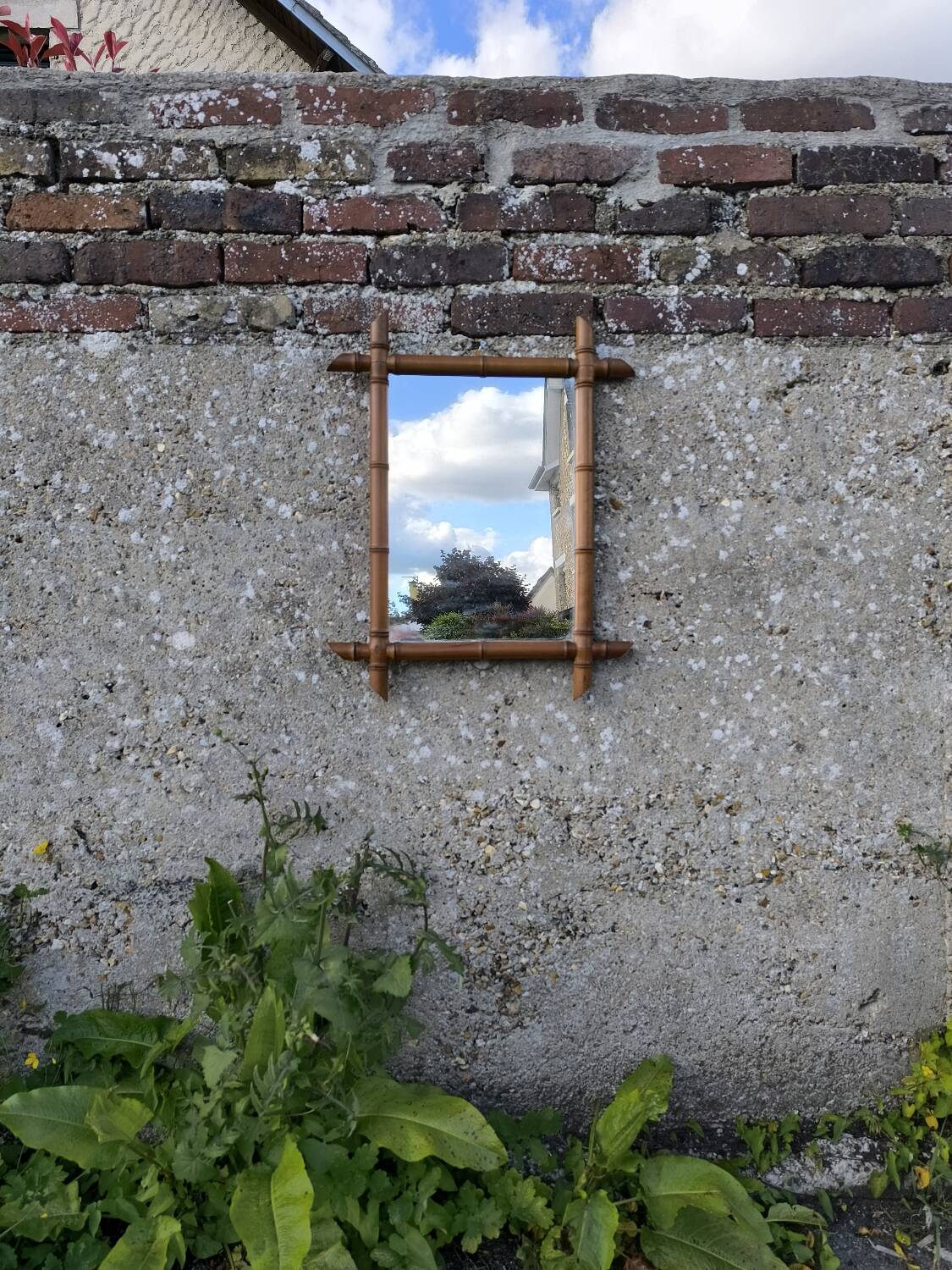 Bamboo-style turned wooden mirror, 1950s