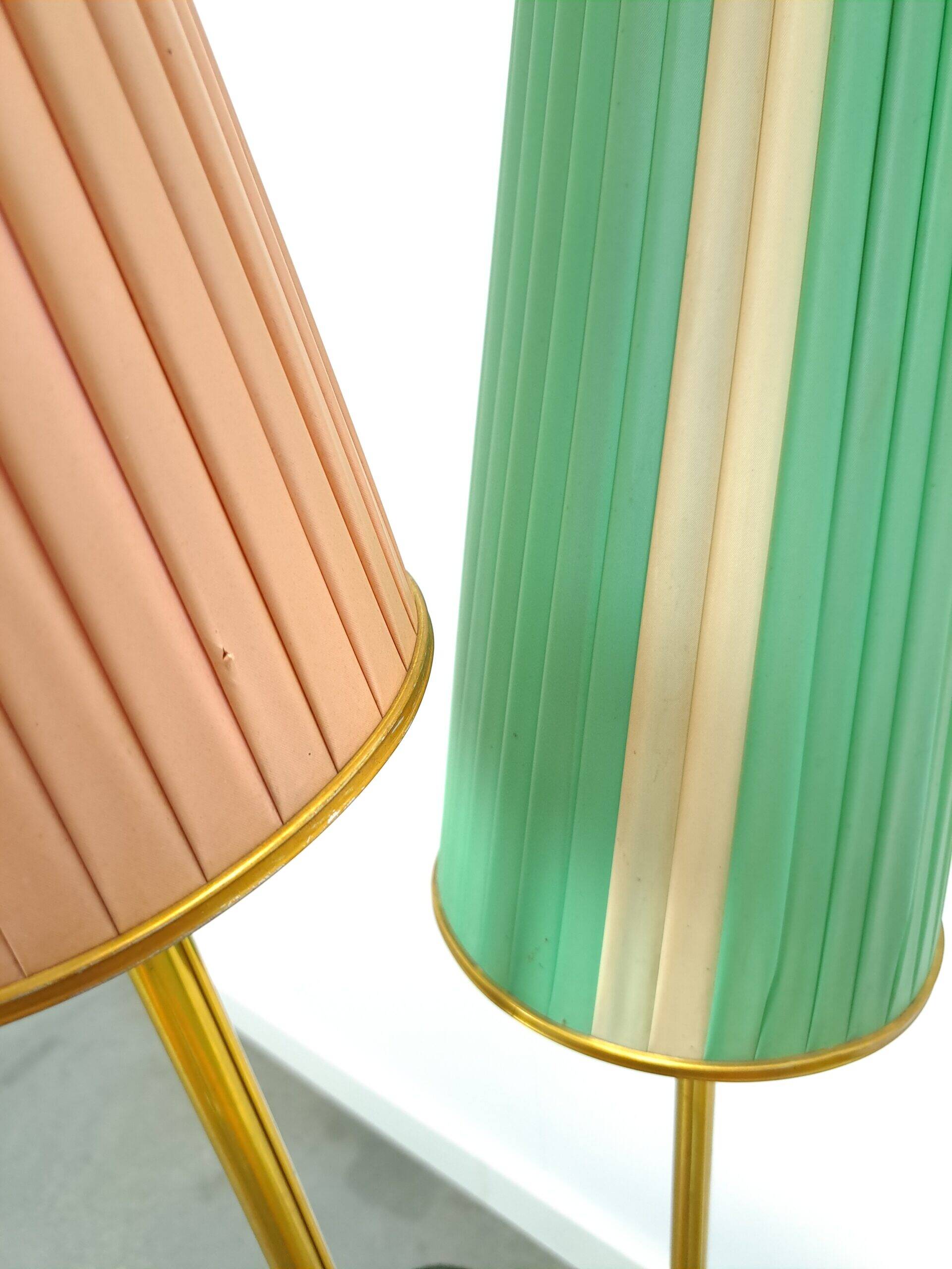 1950s floor lamp with pink and green shade and gold-coloured legs