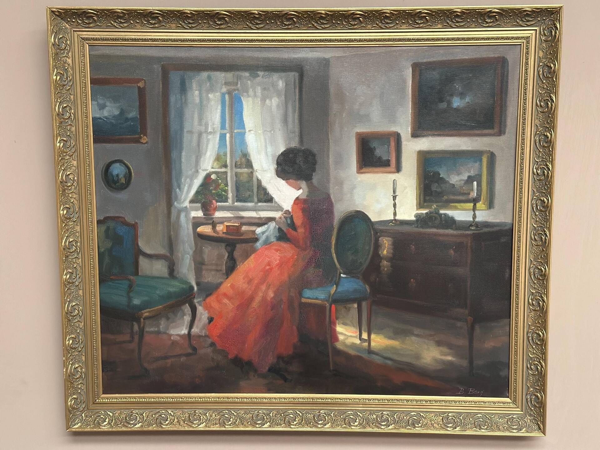Scandinavian Oil on Canvas – Interior Scene by Bente Berg – Vintage