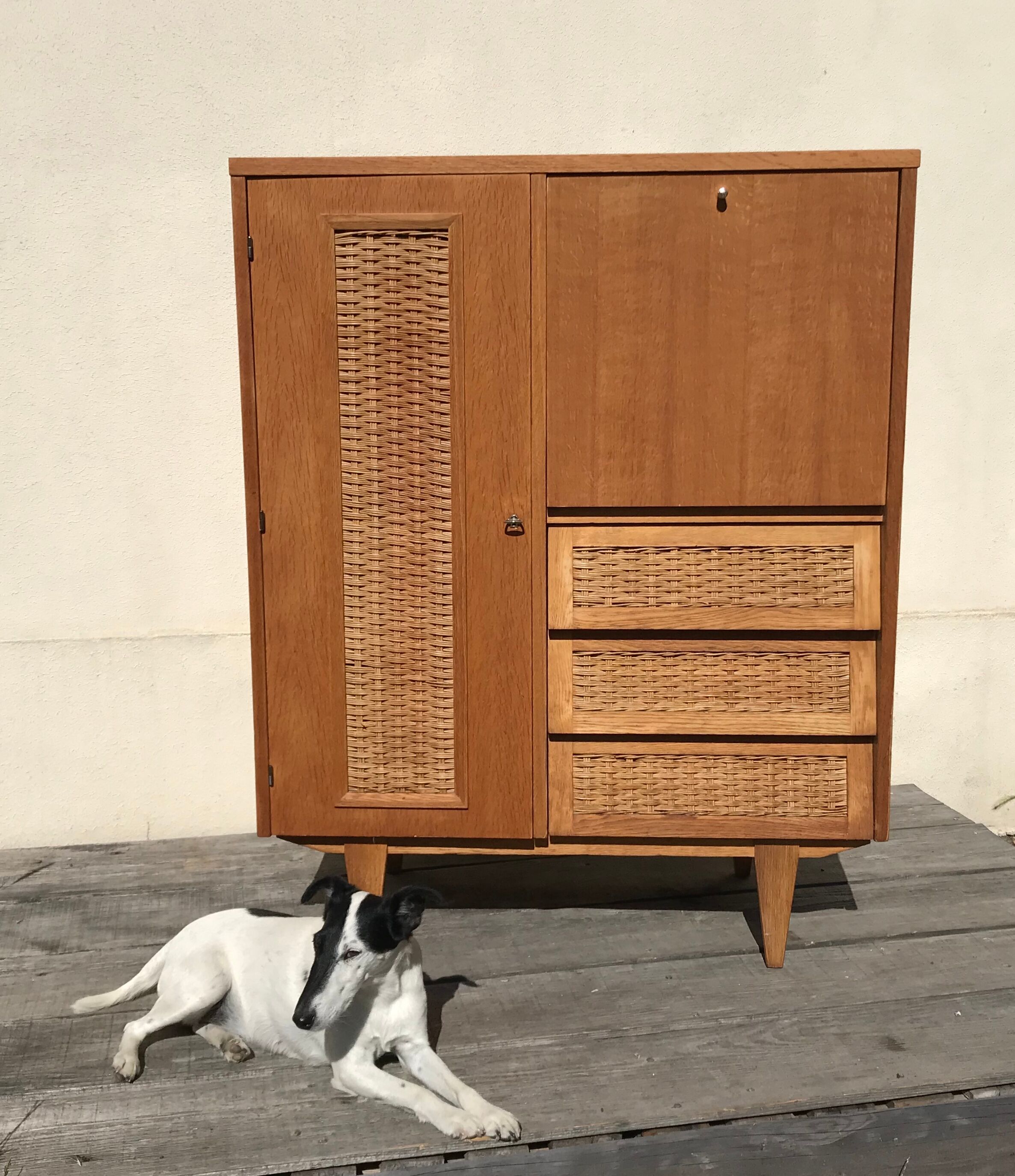 Vintage chene and rattan cabinet 60