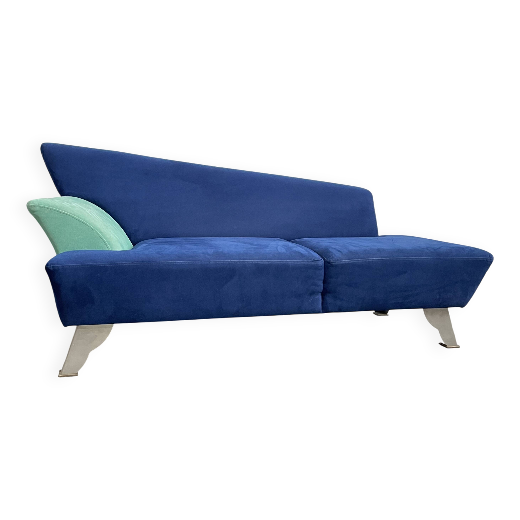 Memphis Style 2-Seat Sofa in Blue Microfibre Fabric, Postmodern 1980s Era