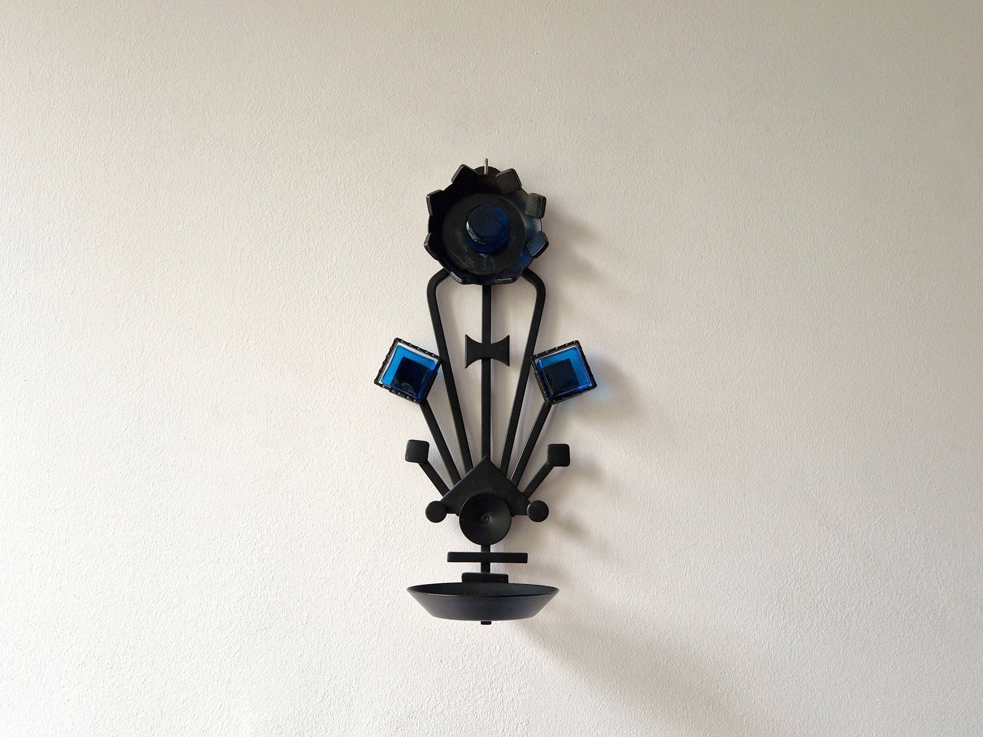 Sculptural Iron and blue glass candle sconce for Dantoft, Denmark 1960's/1970's
