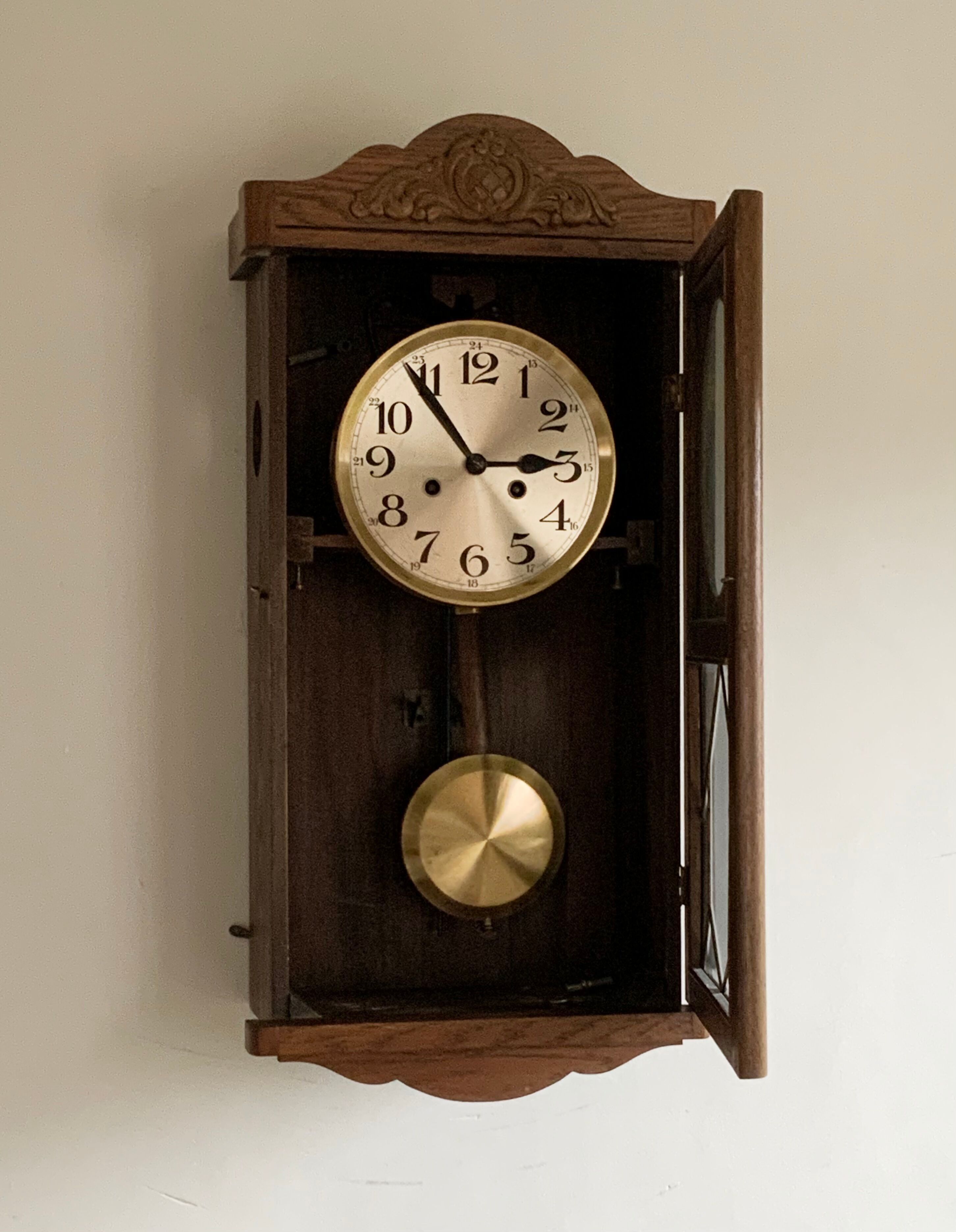 Antique art deco original f.m.s. Mauthe oak wall clock, Germany 1930s