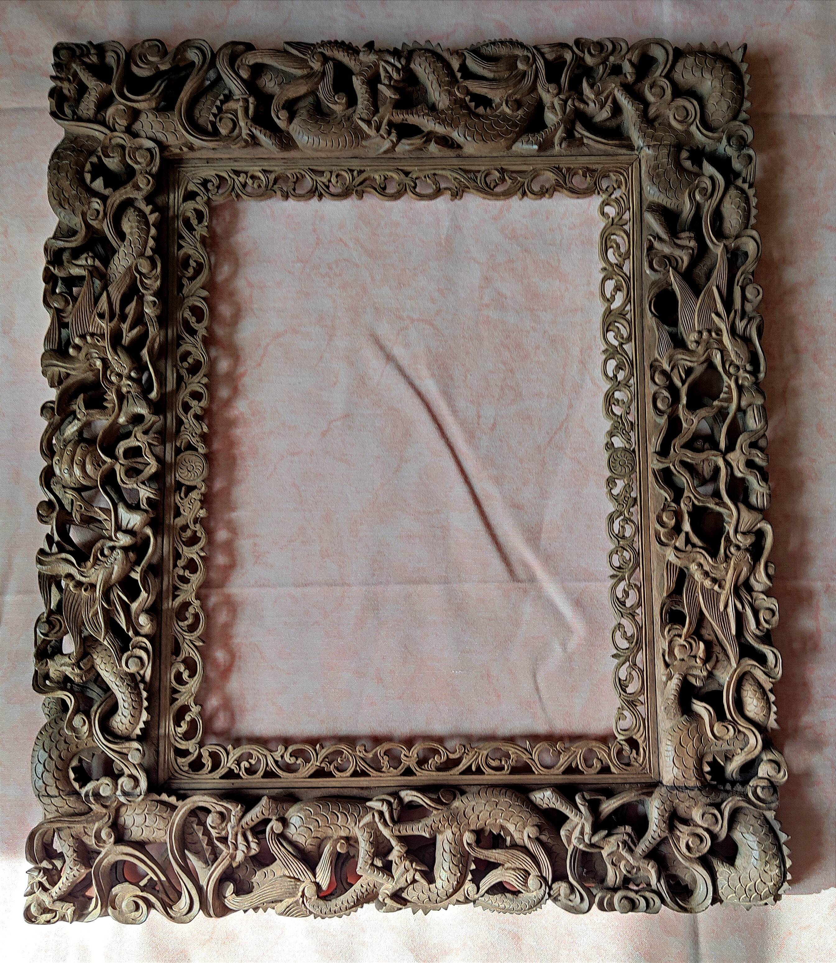 Frame - frame - carved wood - dragons holding the sacred pearl