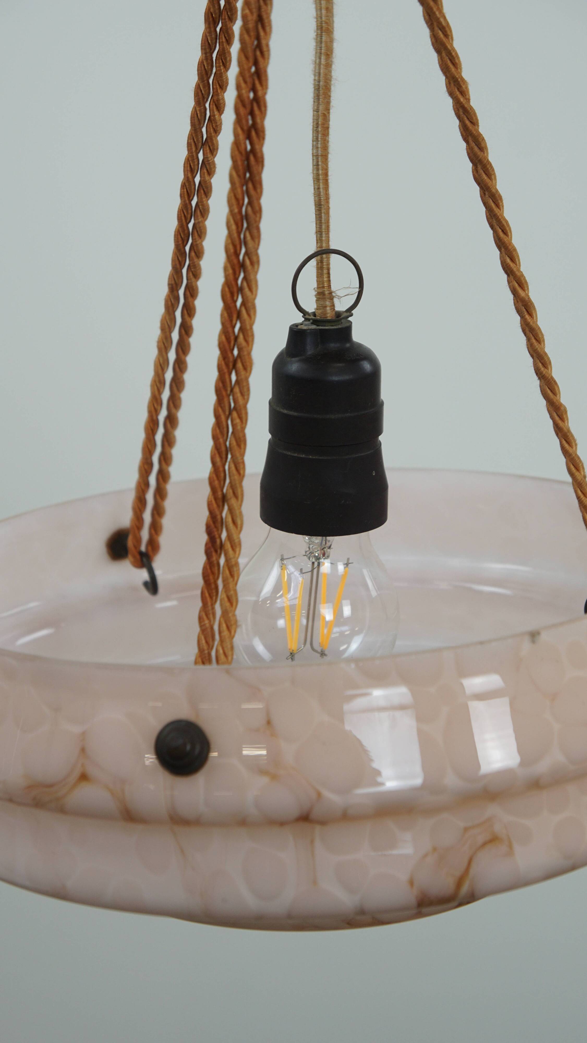Vintage soft pink marbled glass Art Deco design pendant lamp