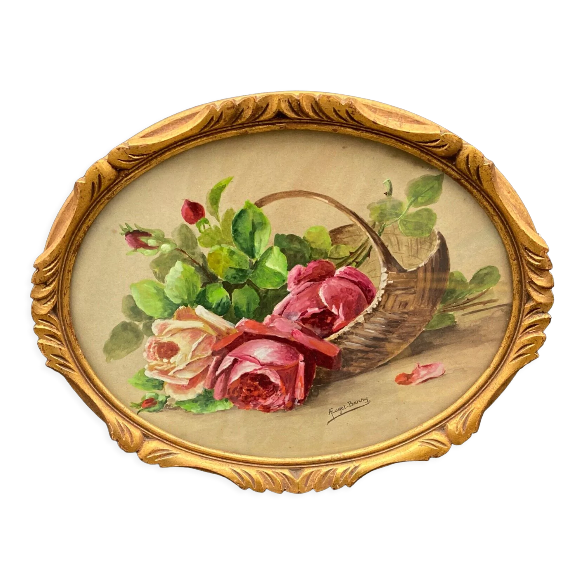 Aquarelle sur papier par A.Euget Barry bouquet de fleurs cadre dore