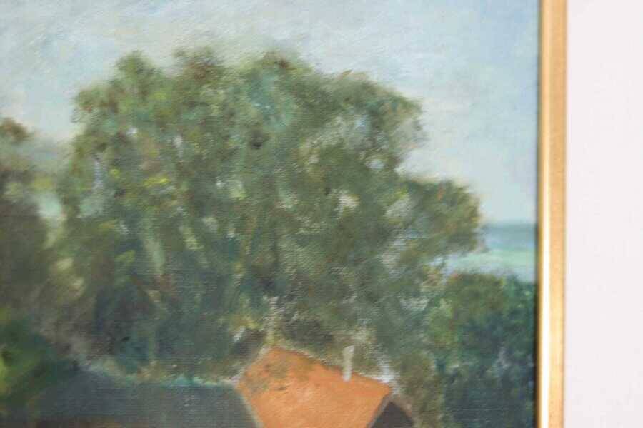 Original Swedish oil on canvas – “Landscape with Farm” by H. Engkvist – dated 1983 – vintage & framed – 41 × 50 cm (16.1" × 19.7")
