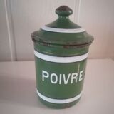 Set of 6 old enamelled jars with 6 trundle lids