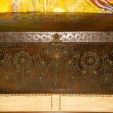 17th century studded leather travel trunk, richly decorated