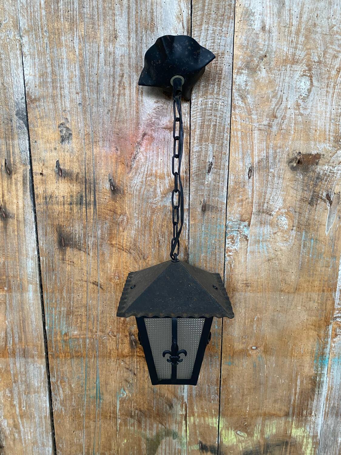 Antique black metal lantern pendant + glass fleur de lys decor vintage