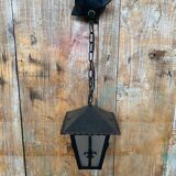 Antique black metal lantern pendant + glass fleur de lys decor vintage