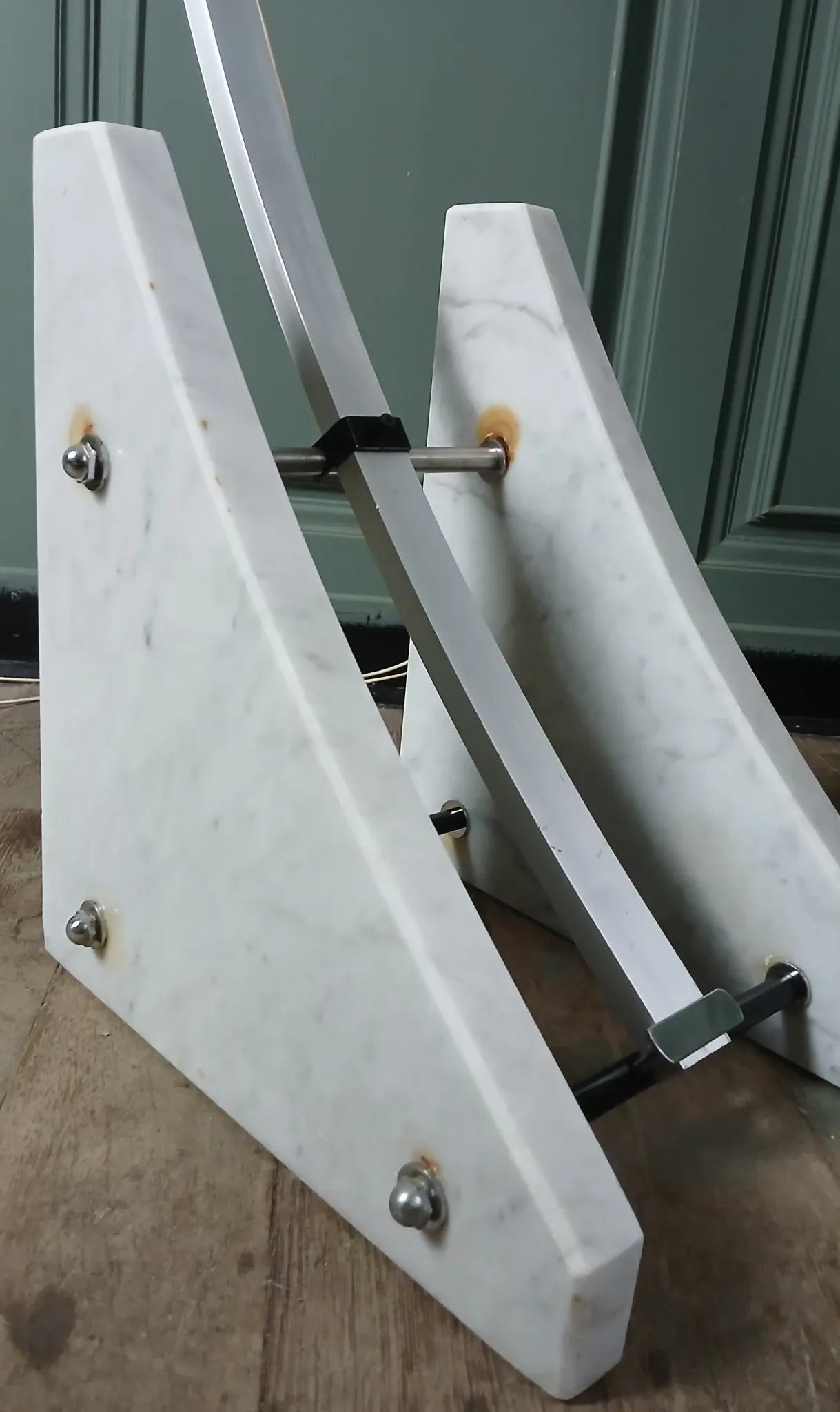 Arc floor lamp Guzzini triangular base Carrara marble. Italy 1968.