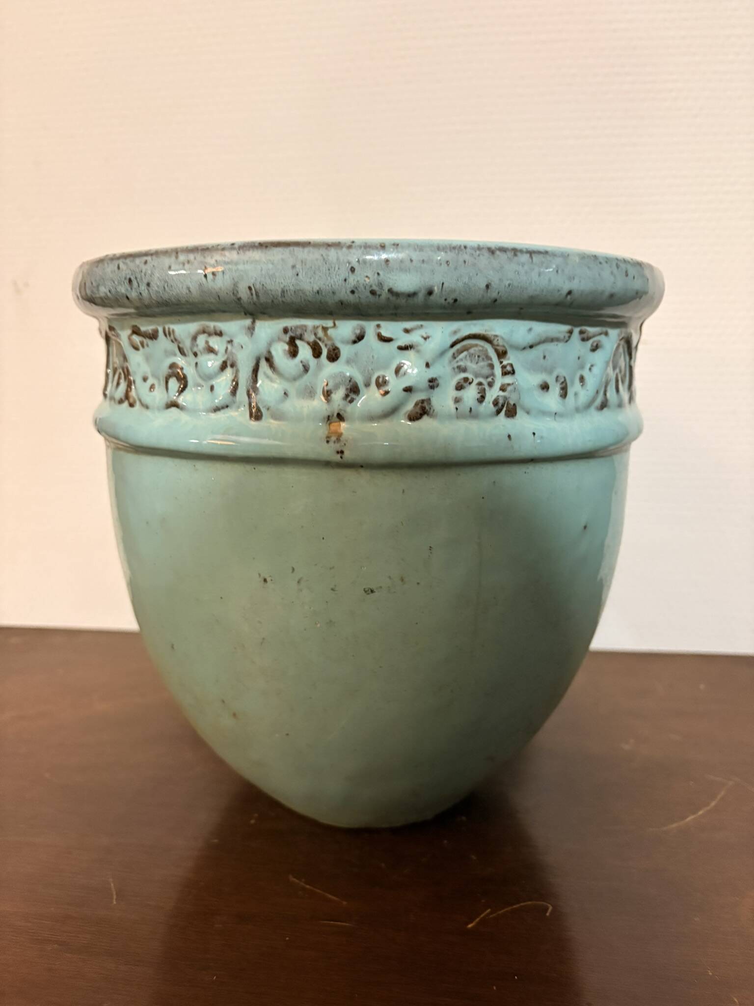 Old Flower Pot Ceramic Terracotta Glazed Varnished Blue Planter