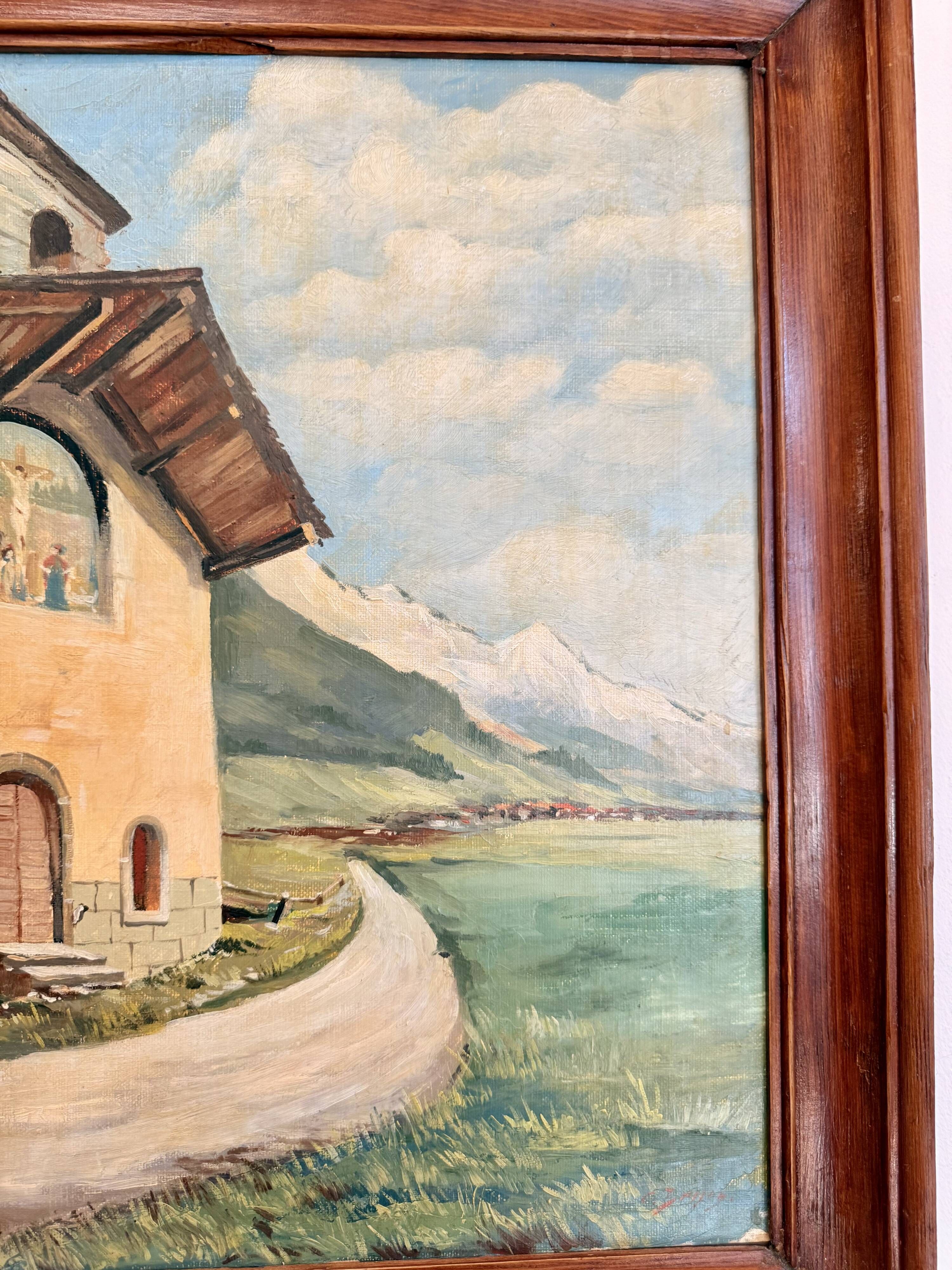 Ancienne huile sur panneau – Chapelle au bord d’un lac