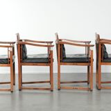 Black leather set of 4 Art Deco design dining chairs with armrests