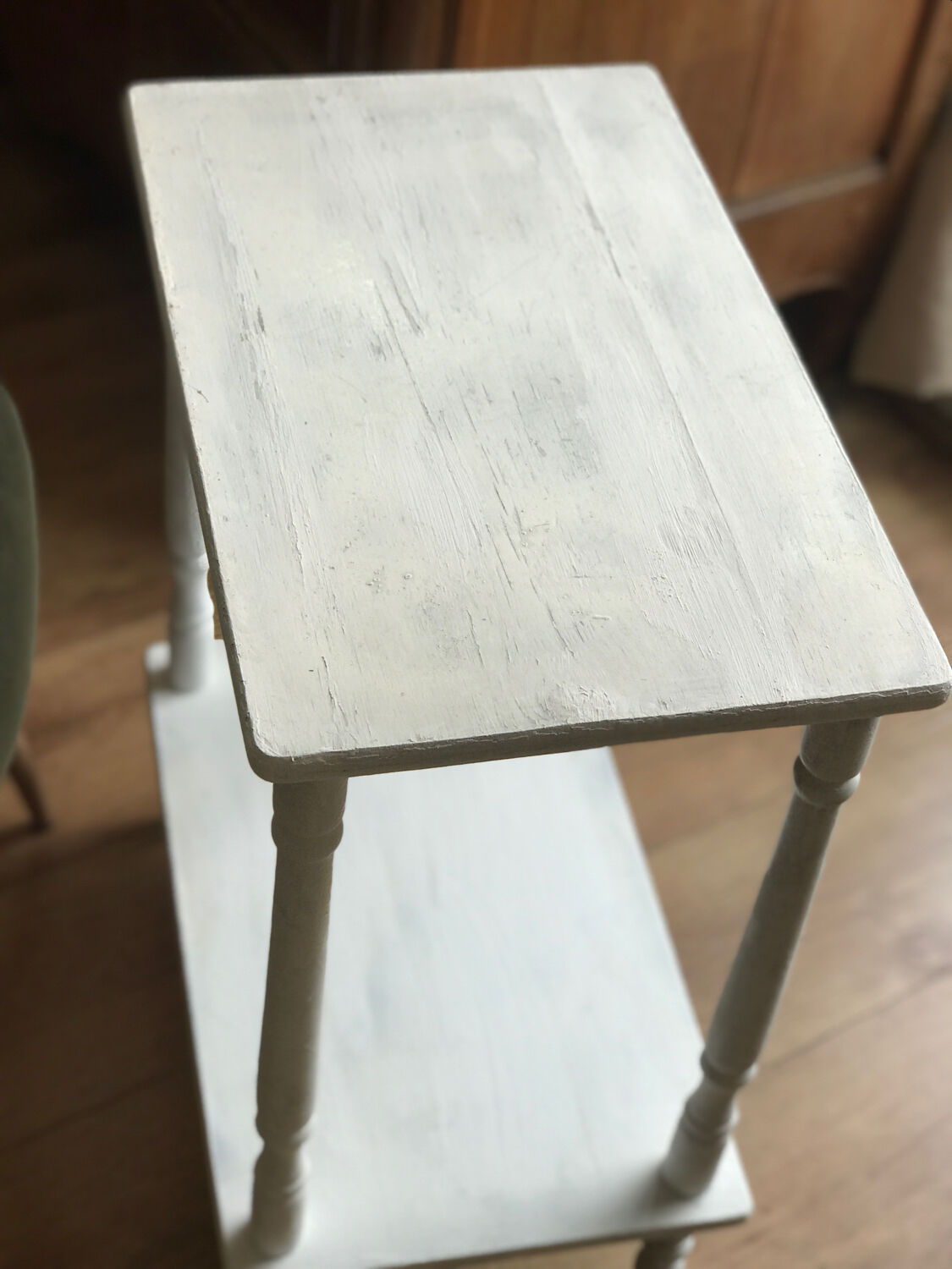 Vintage wooden side table with white patina