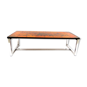 Table basse vintage en céramique orange avec piètement en métal des années 60