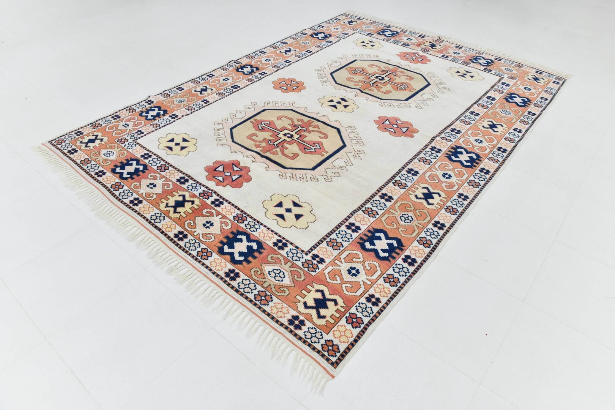 Beige & Pumpkin Orange Antique Vintage Rug Made in Anatolian, 202x284 Cm