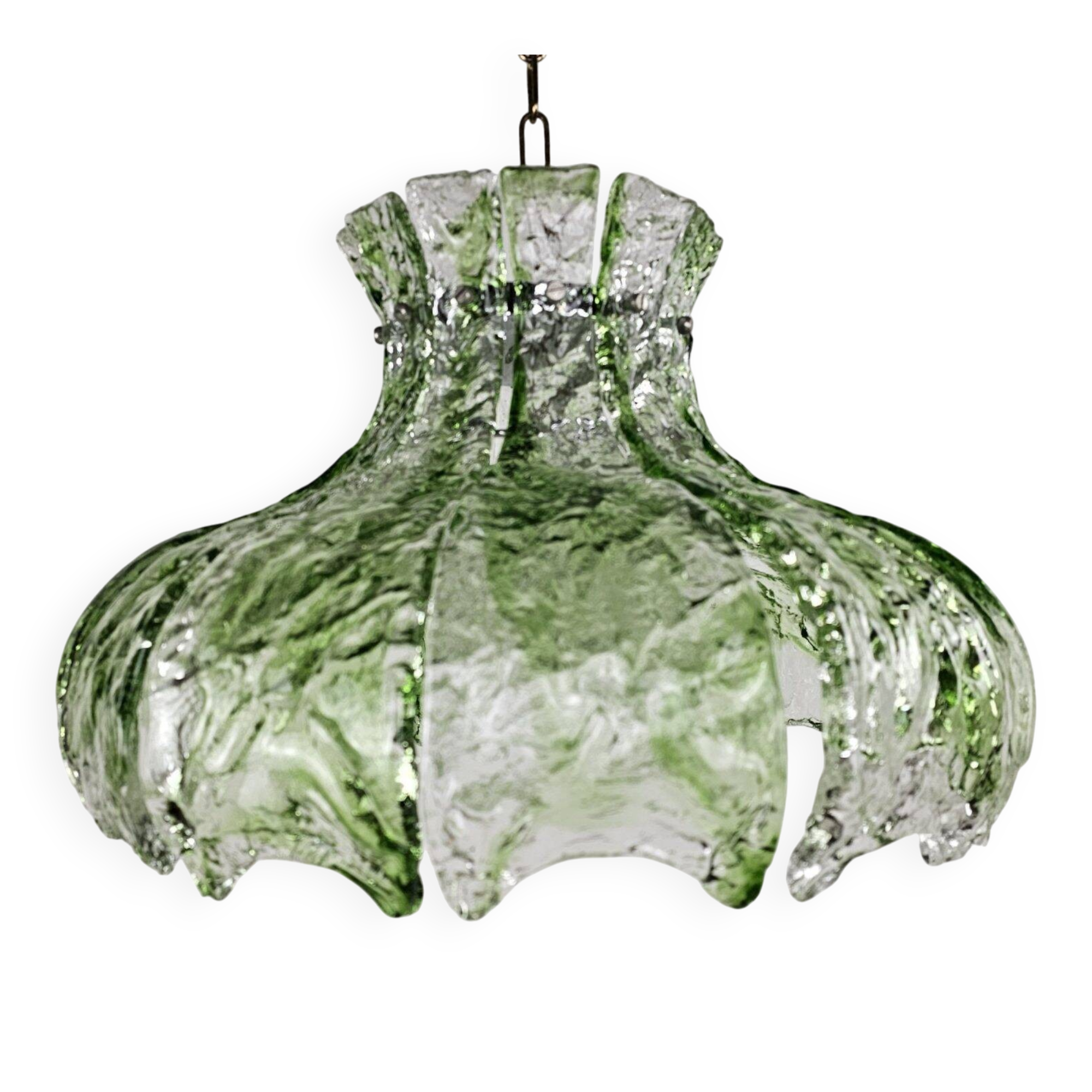Pendant lamp by Mazzega with loose leaves of ice glass in transparent and green